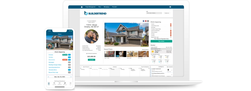 Buildertrend project management interface on laptop and mobile