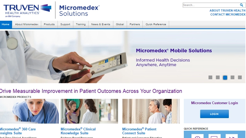 Micromedex mobile healthcare app interface showcasing drug database and medical information