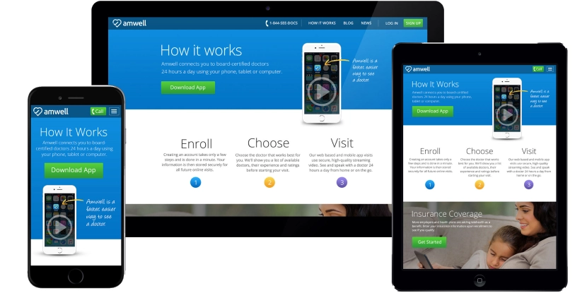 Amwell telehealth platform shown on phone, tablet, and desktop screens