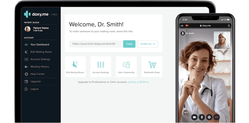 Doxy.me telemedicine platform interface shown on tablet and smartphone screens