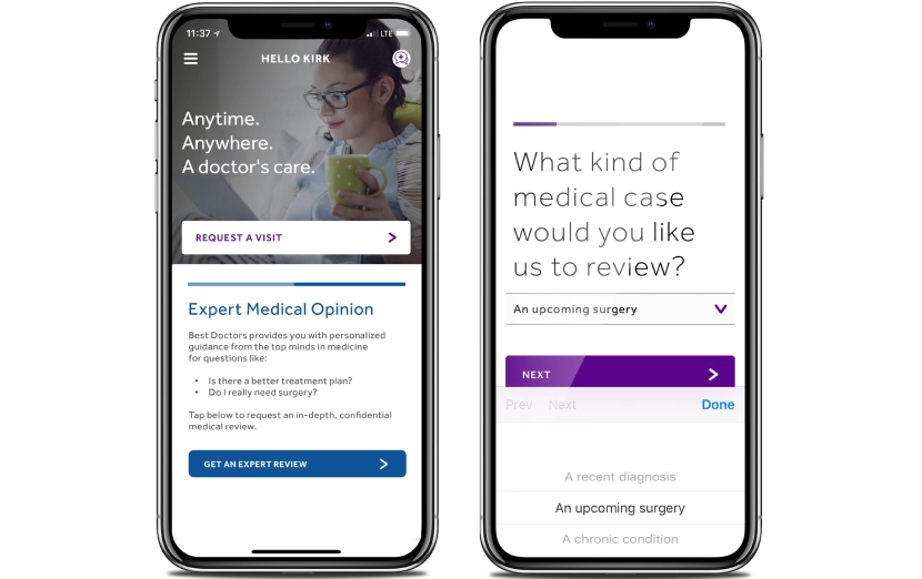 Teladoc healthcare app screens showing doctor visit request and medical case review