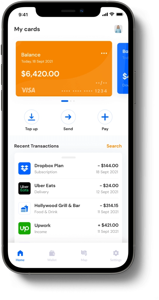 Mobile banking app screen showing balance and recent transactions