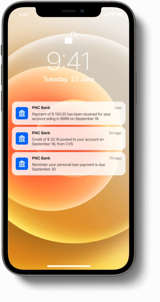 Mobile banking app screen with push notifications about payments and updates