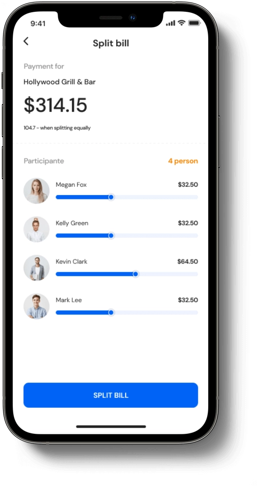 Mobile banking app screen for bill splitting among participants