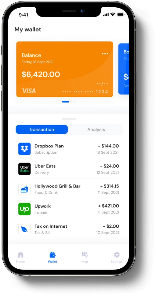 Mobile banking app screen showing wallet balance and transaction history