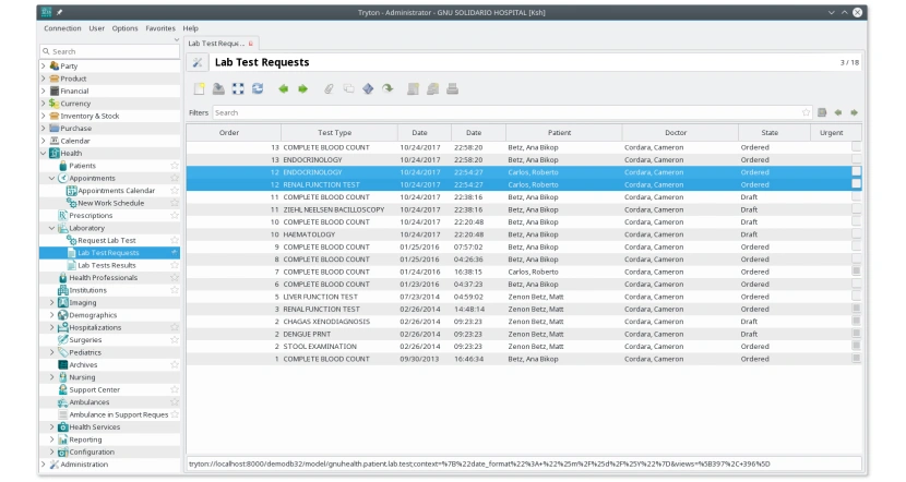 Lab data management system showing test requests